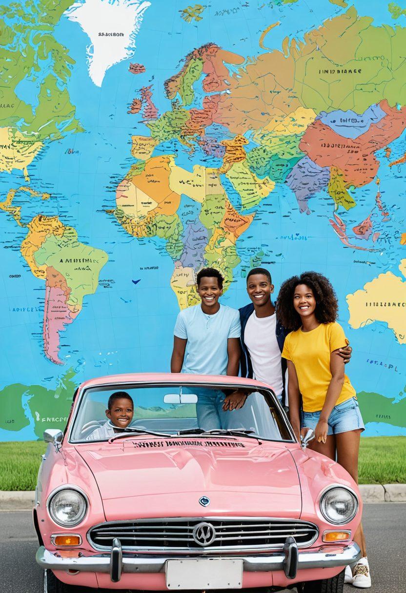 A cheerful family standing next to their brightly colored car, with a world map in the background highlighting different regions of affordable automobile insurance options. The scene should convey a sense of security and ease in selecting insurance plans, featuring friendly icons of cars, money, and checkmarks. Soft, inviting colors to create a warm atmosphere. cartoon style. vibrant colors.