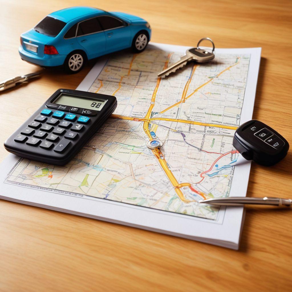 A detailed road map laid out on a wooden table, surrounded by a calculator, a pen, and car keys, symbolizing the journey of finding affordable automobile insurance. In the background, a bright sun illuminates the scene, casting a warm glow to evoke positivity and clarity. Include a chalkboard with insurance terms written on it, conveying education and guidance. super-realistic. vibrant colors. white background.