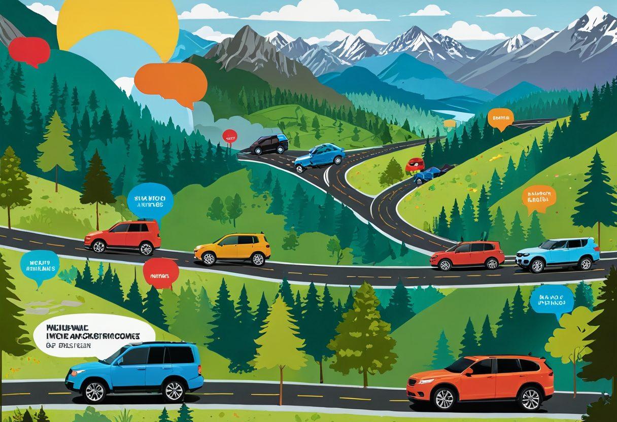 A dynamic collage showcasing a diverse range of vehicles like cars, motorcycles, and SUVs with speech bubbles containing various insurance quotes and expert tips. The background features a road winding through a landscape of mountains and trees, symbolizing the journey of vehicle coverage. The overall tone should be inviting and informative, with vibrant colors to capture attention. Modern graphic style. vibrant colors. white background.